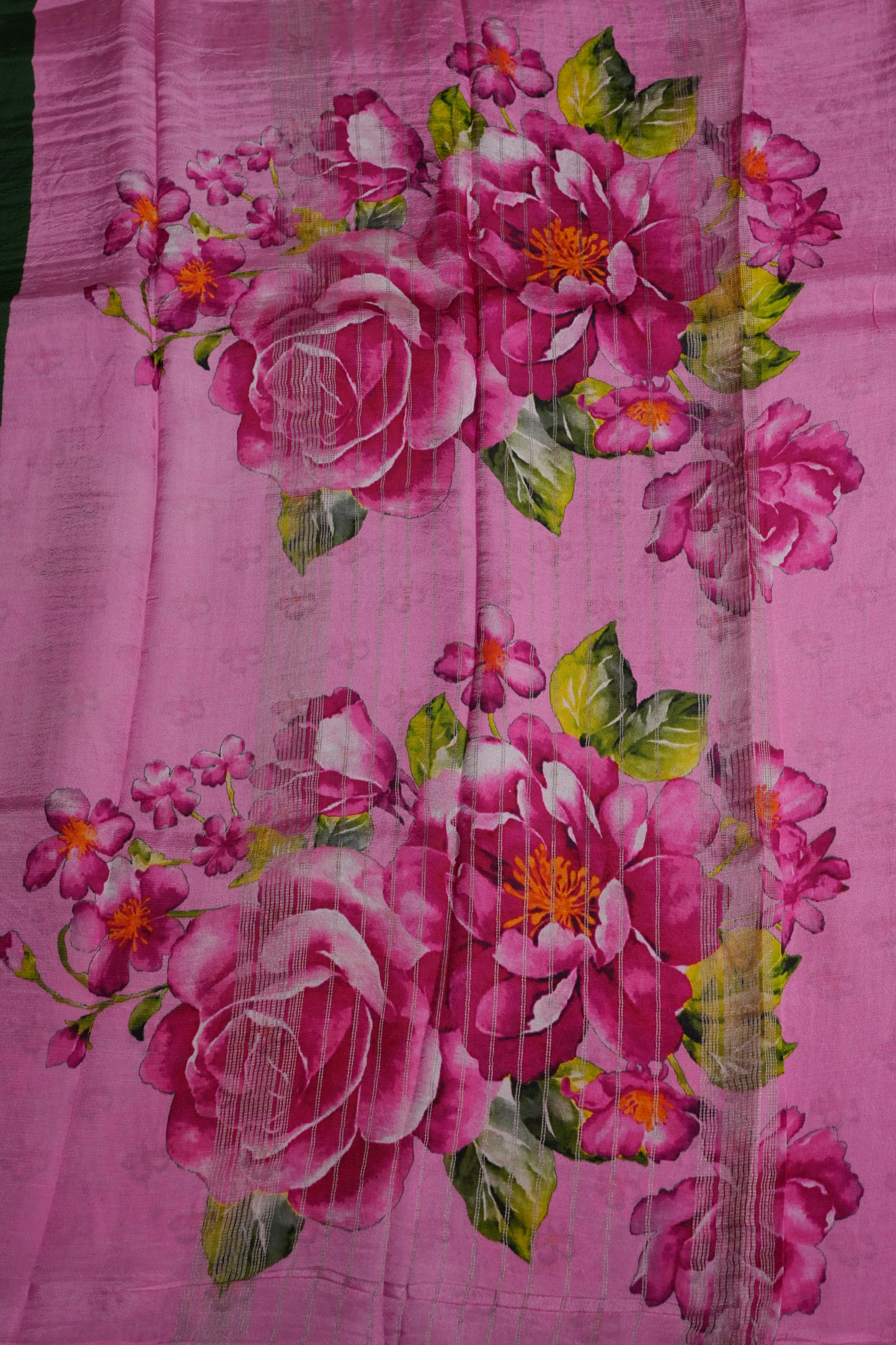 Mangalagiri Printed Silk Saree - Bottle Green & Blush Pink