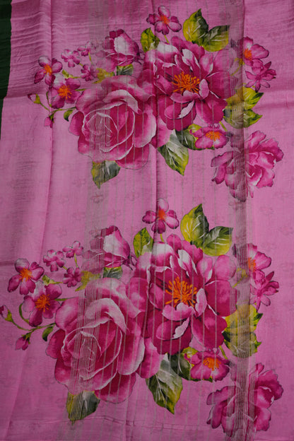 Mangalagiri Printed Silk Saree - Bottle Green & Blush Pink