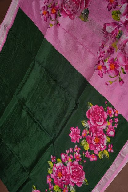 Mangalagiri Printed Silk Saree - Bottle Green & Blush Pink