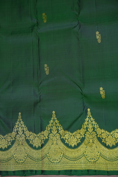 Emerald Green & Coral Pink Pure Kanchivaram Silk Saree with Gold Zari Pallu|Silk Mark Certified