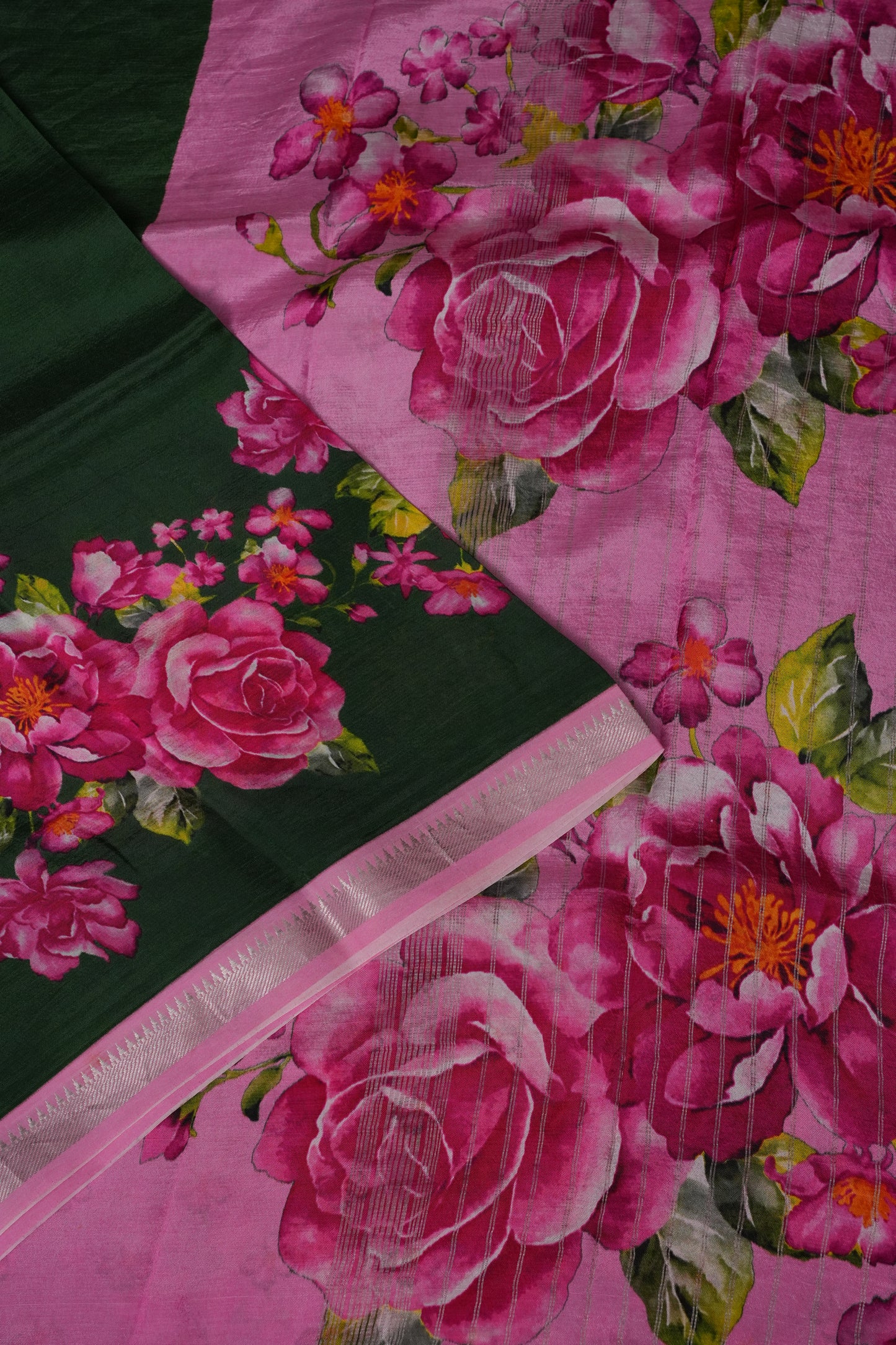 Mangalagiri Printed Silk Saree - Bottle Green & Blush Pink