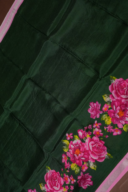Mangalagiri Printed Silk Saree - Bottle Green & Blush Pink