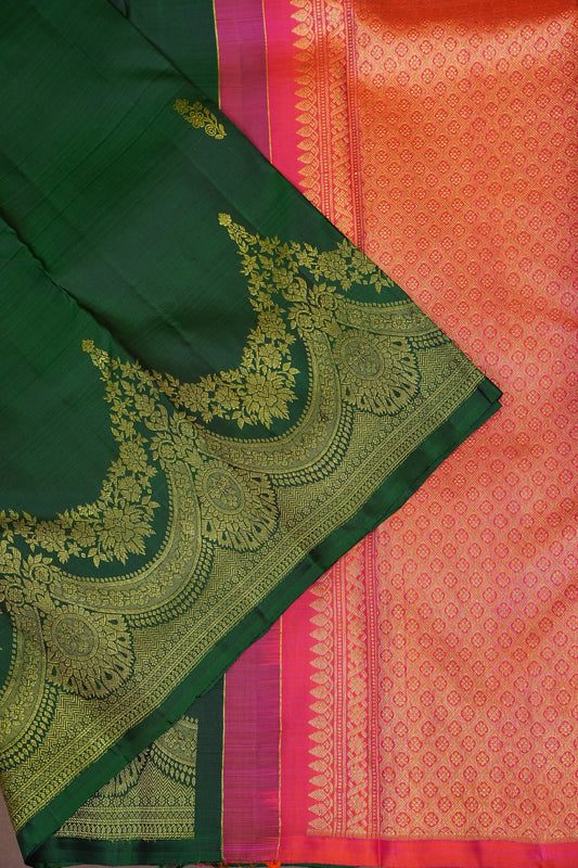 Emerald Green & Coral Pink Pure Kanchivaram Silk Saree with Gold Zari Pallu|Silk Mark Certified
