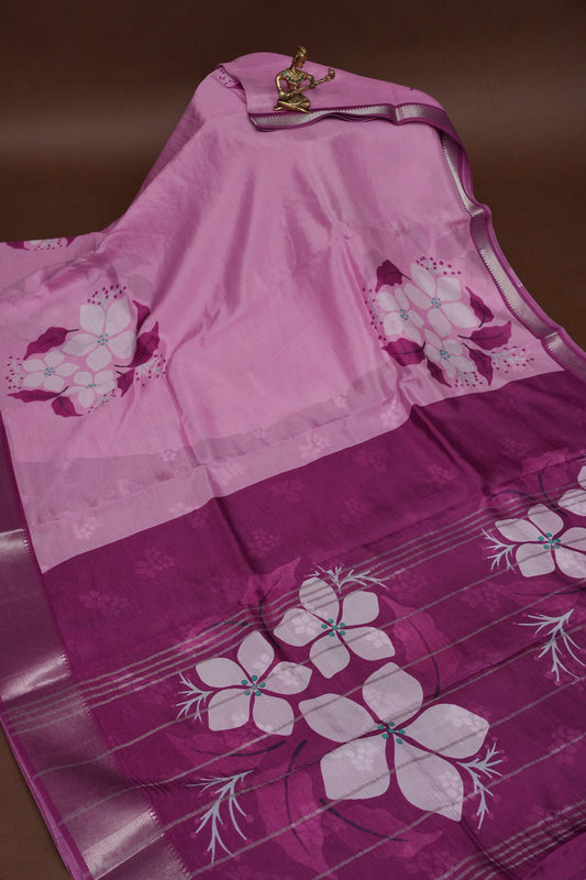 Mangalagiri Printed Silk Saree - Blush Pink & Wine Purple