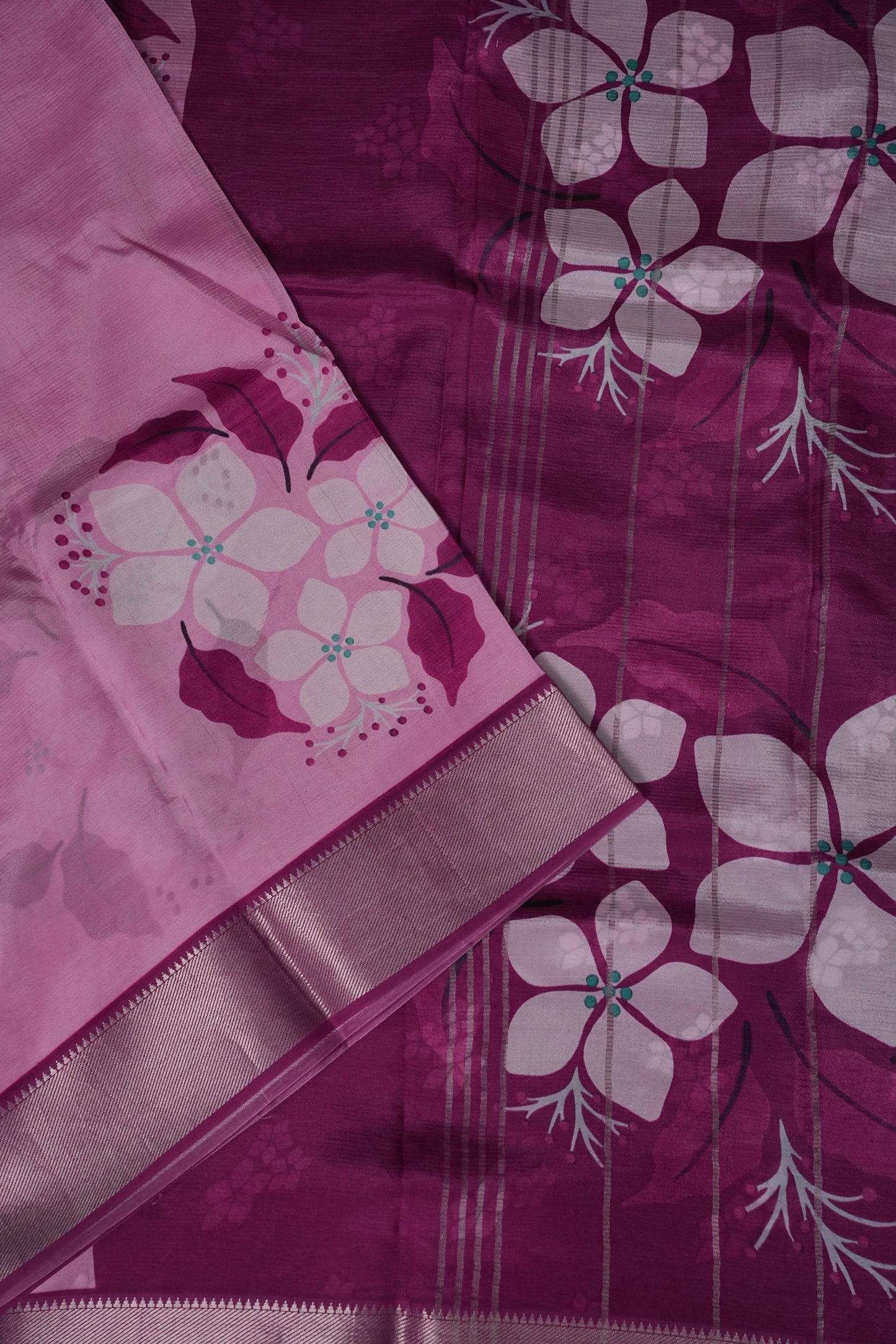 Mangalagiri Printed Silk Saree - Blush Pink & Wine Purple
