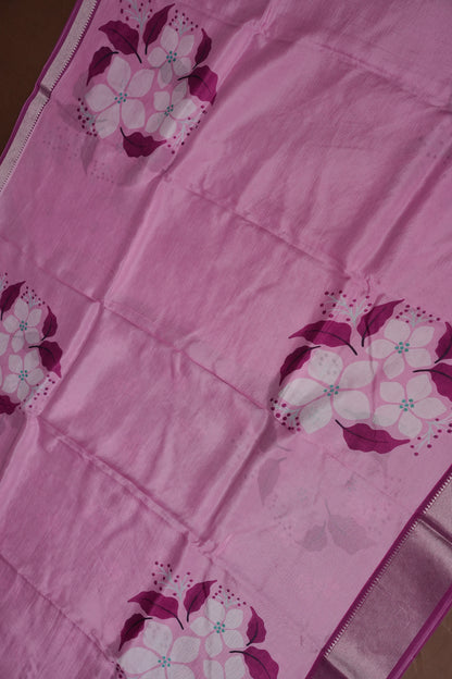 Mangalagiri Printed Silk Saree - Blush Pink & Wine Purple