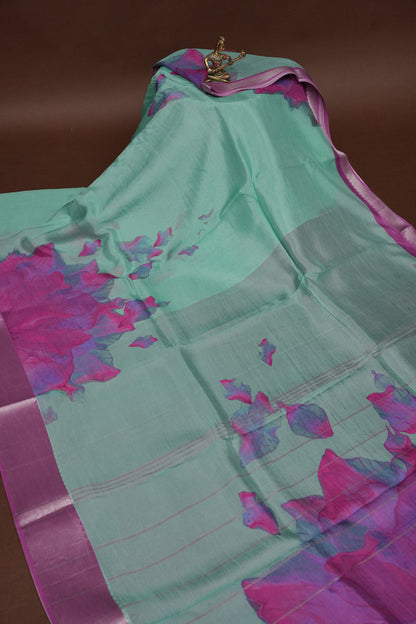 Mangalagiri Printed Silk Saree - Mint Green & Orchid Pink