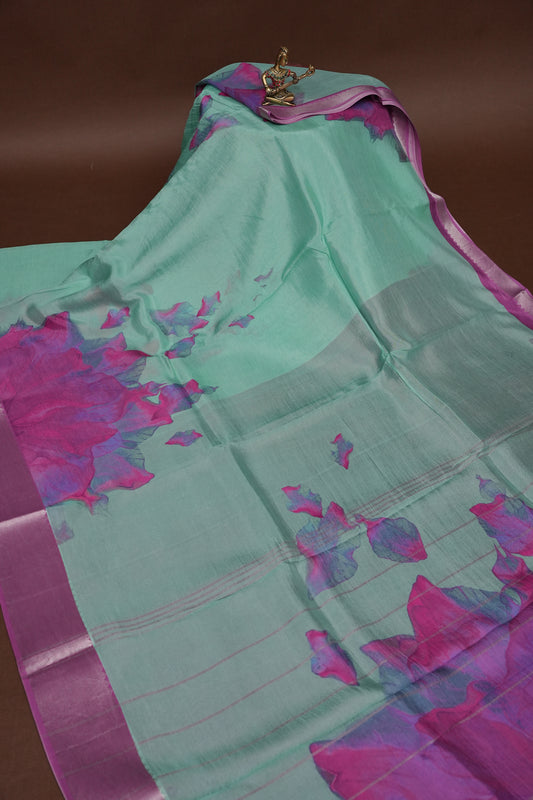 Mangalagiri Printed Silk Saree - Mint Green & Orchid Pink