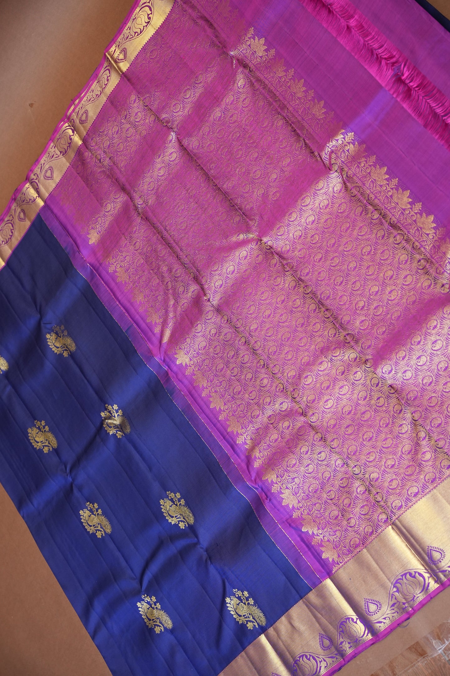 Royal Blue & Magenta Pure Kanchivaram Silk Saree with Rich Gold Zari Weave|Silk Mark Certified