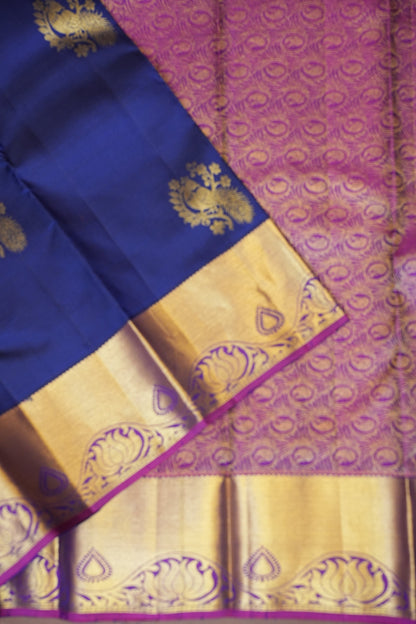 Royal Blue & Magenta Pure Kanchivaram Silk Saree with Rich Gold Zari Weave|Silk Mark Certified