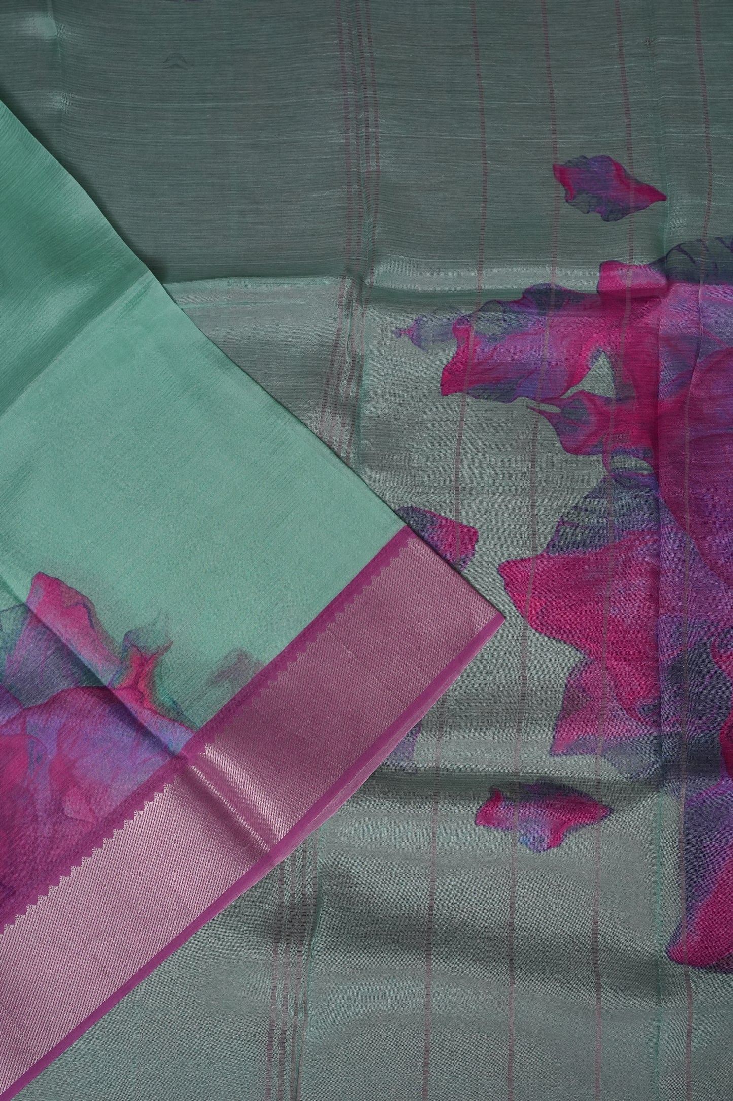 Mangalagiri Printed Silk Saree - Mint Green & Orchid Pink