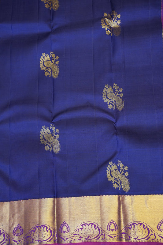 Royal Blue & Magenta Pure Kanchivaram Silk Saree with Rich Gold Zari Weave|Silk Mark Certified