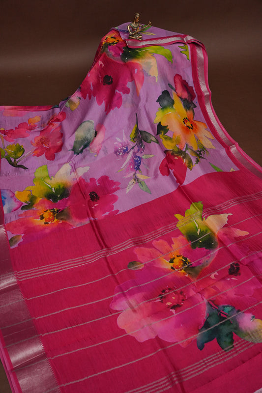 Mangalagiri Printed Silk Saree - Lilac Pink & Rani Pink