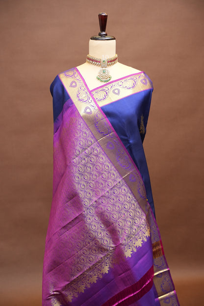 Royal Blue & Magenta Pure Kanchivaram Silk Saree with Rich Gold Zari Weave|Silk Mark Certified