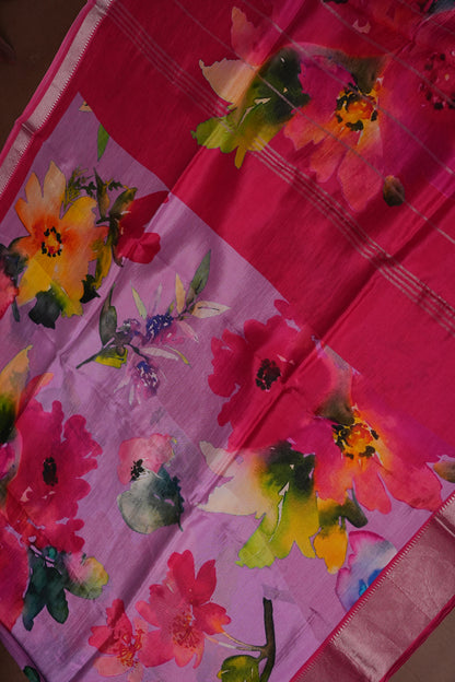 Mangalagiri Printed Silk Saree - Lilac Pink & Rani Pink