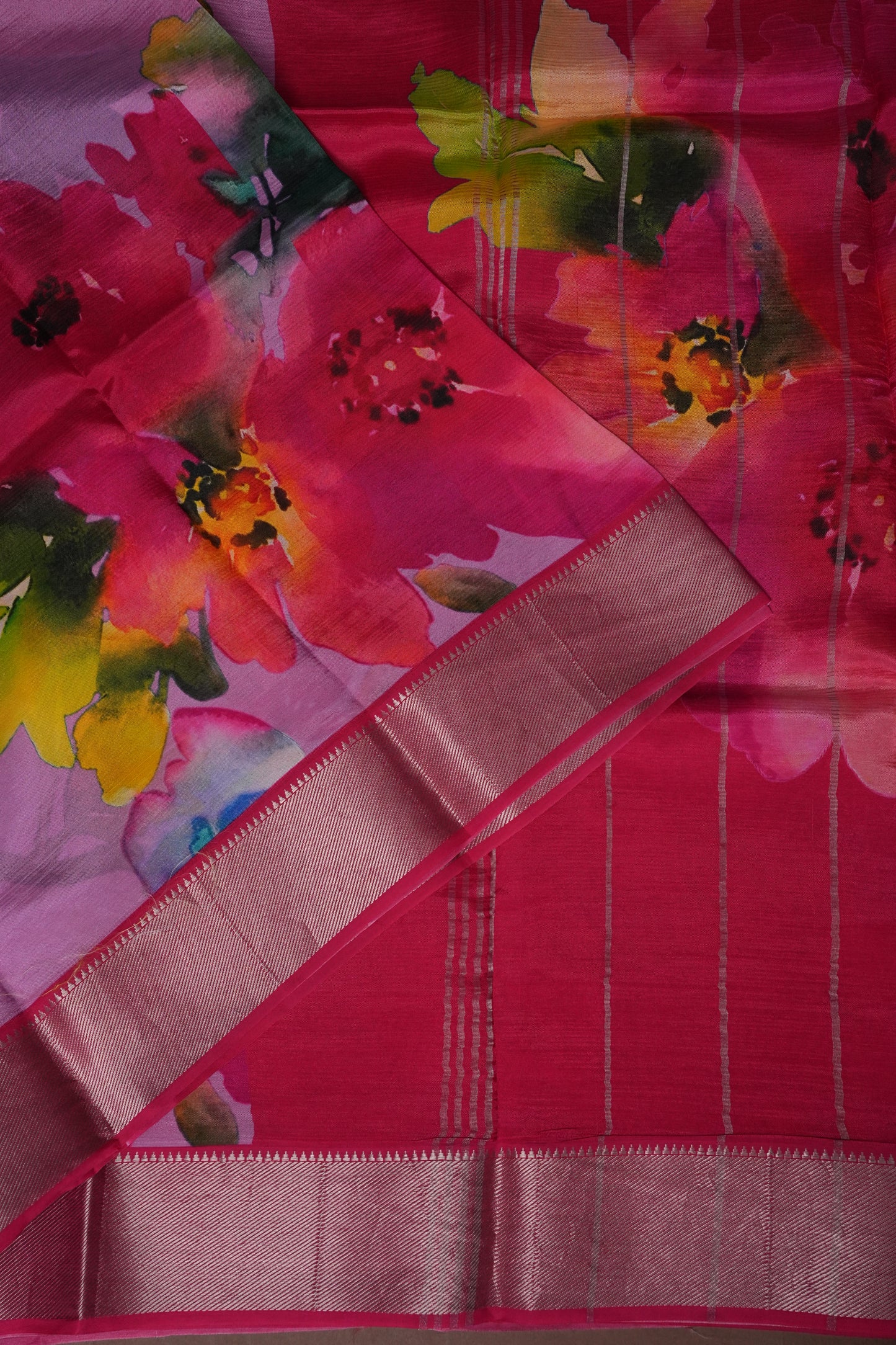 Mangalagiri Printed Silk Saree - Lilac Pink & Rani Pink