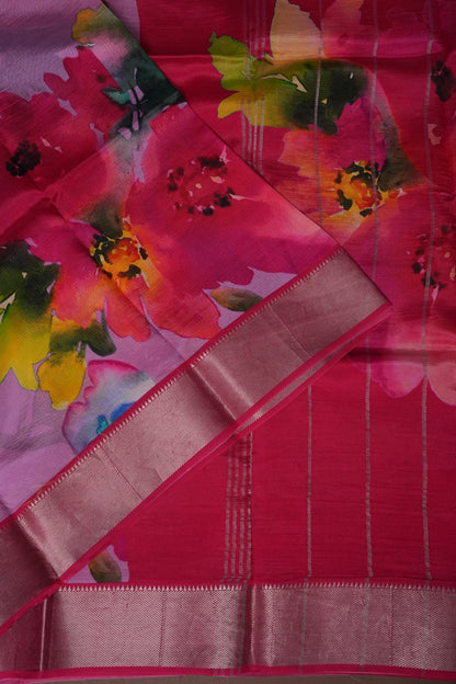 Mangalagiri Printed Silk Saree - Lilac Pink & Rani Pink