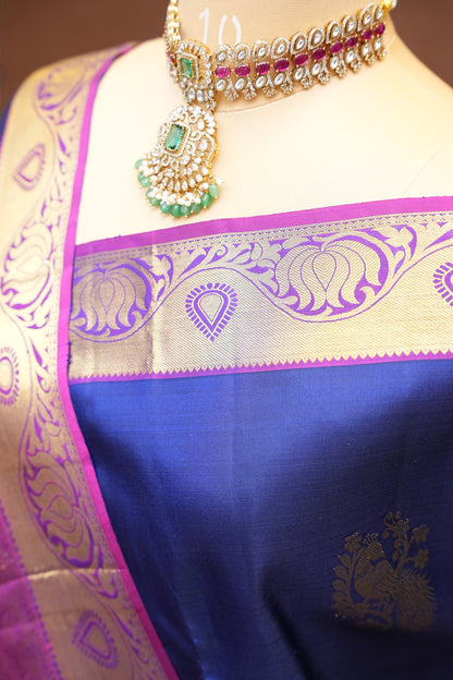 Royal Blue & Magenta Pure Kanchivaram Silk Saree with Rich Gold Zari Weave|Silk Mark Certified