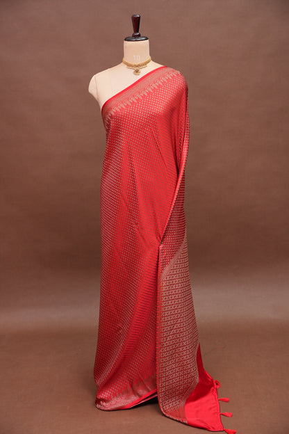 Satin Georgette Banarasi Saree with Antique Buttas & Border – Red