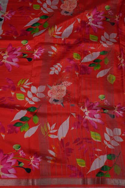 Mangalagiri Printed Silk Saree - Aqua Blue & Coral Orange
