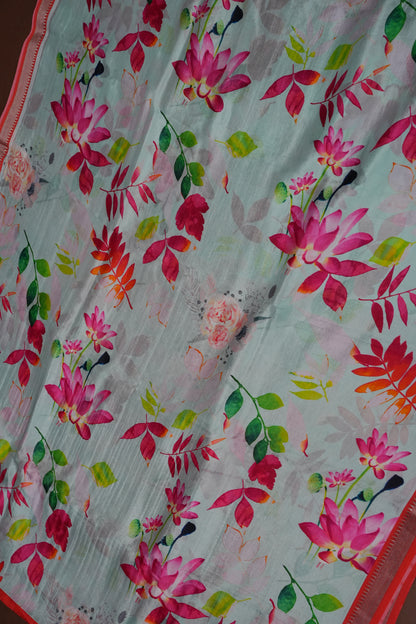 Mangalagiri Printed Silk Saree - Aqua Blue & Coral Orange