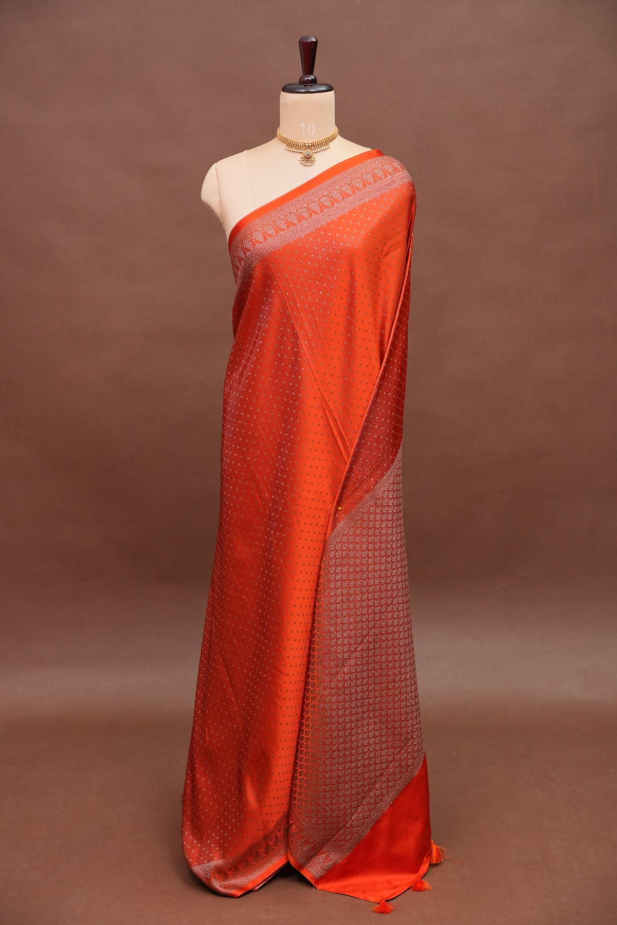 Satin Georgette Banarasi Saree with Antique Buttas & Border – Orange