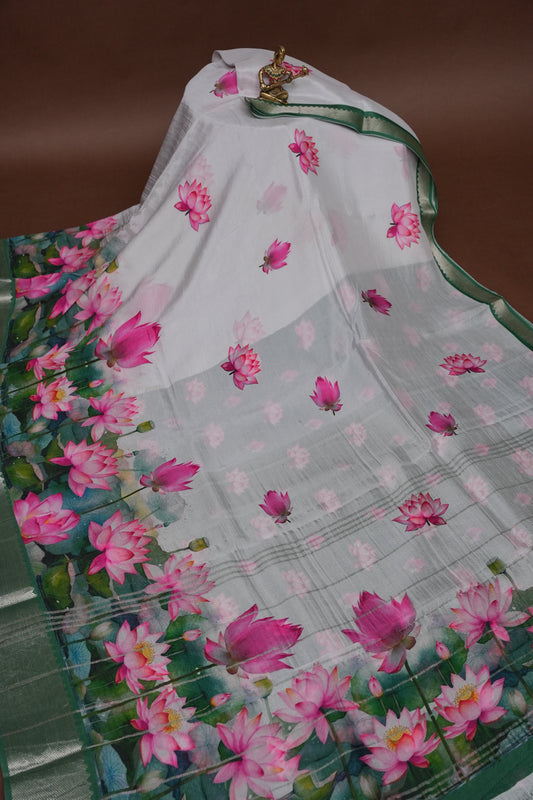 Mangalagiri Printed Silk Saree - Pearl White & Lotus Pink