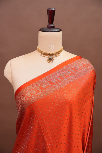 Satin Georgette Banarasi Saree with Antique Buttas & Border – Orange