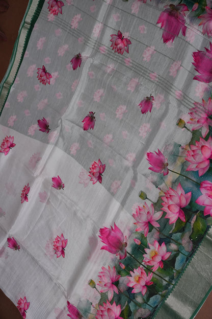 Mangalagiri Printed Silk Saree - Pearl White & Lotus Pink