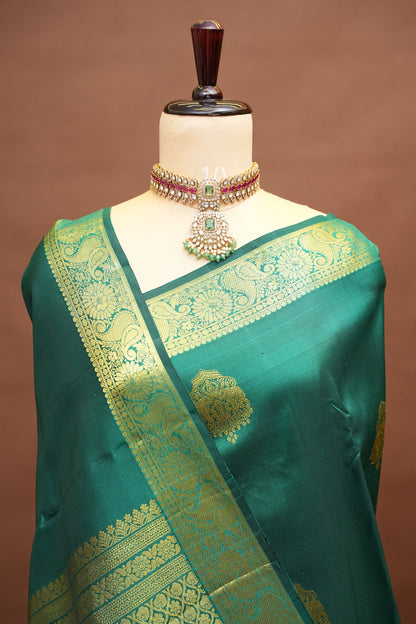 Emerald Green Pure Kanchivaram Silk Saree with Rich Gold Zari Weave|Silk Mark Certified