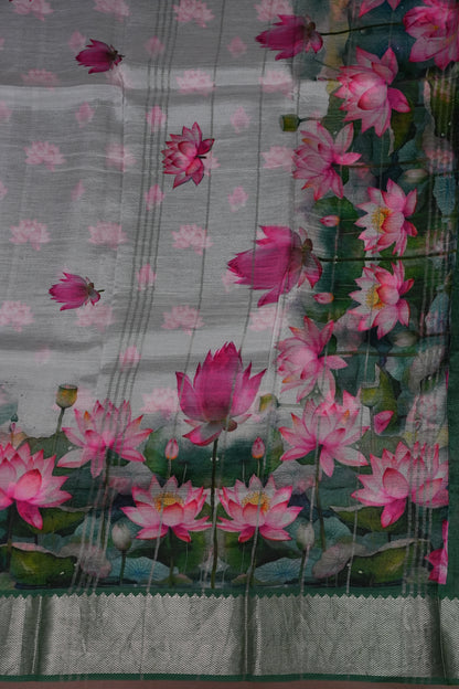 Mangalagiri Printed Silk Saree - Pearl White & Lotus Pink