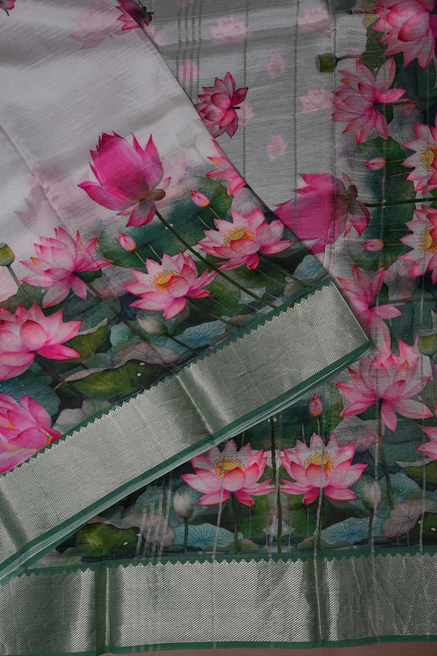 Mangalagiri Printed Silk Saree - Pearl White & Lotus Pink