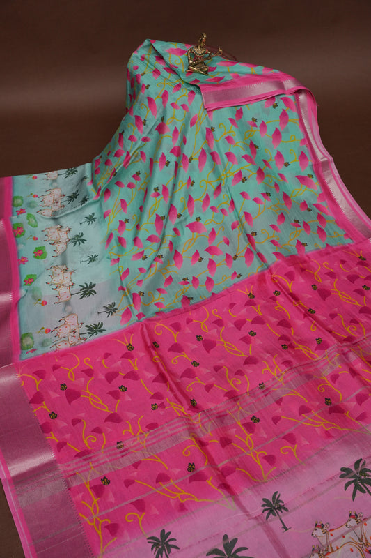 Mangalagiri Printed Silk Saree - Aqua Green & Coral Pink