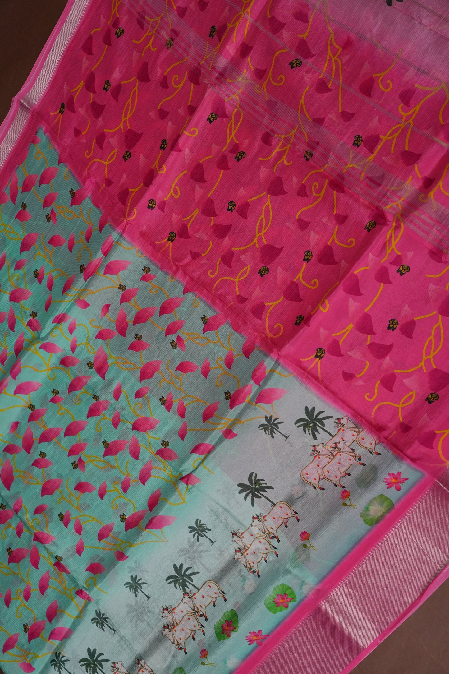 Mangalagiri Printed Silk Saree - Aqua Green & Coral Pink