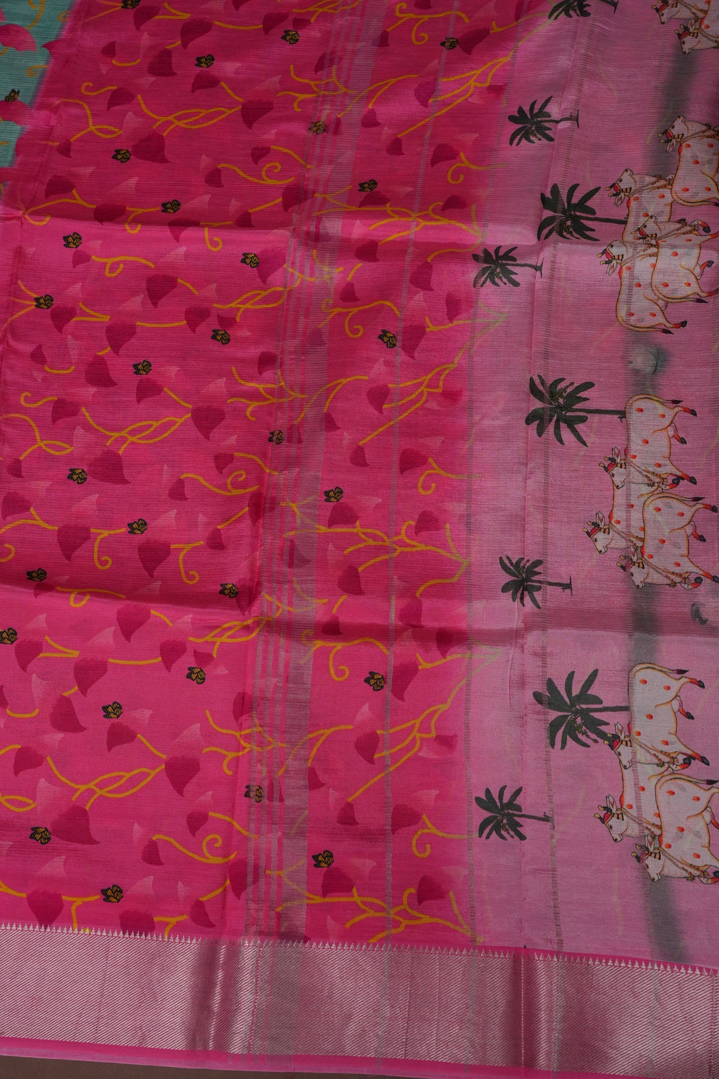 Mangalagiri Printed Silk Saree - Aqua Green & Coral Pink