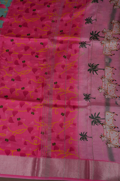Mangalagiri Printed Silk Saree - Aqua Green & Coral Pink