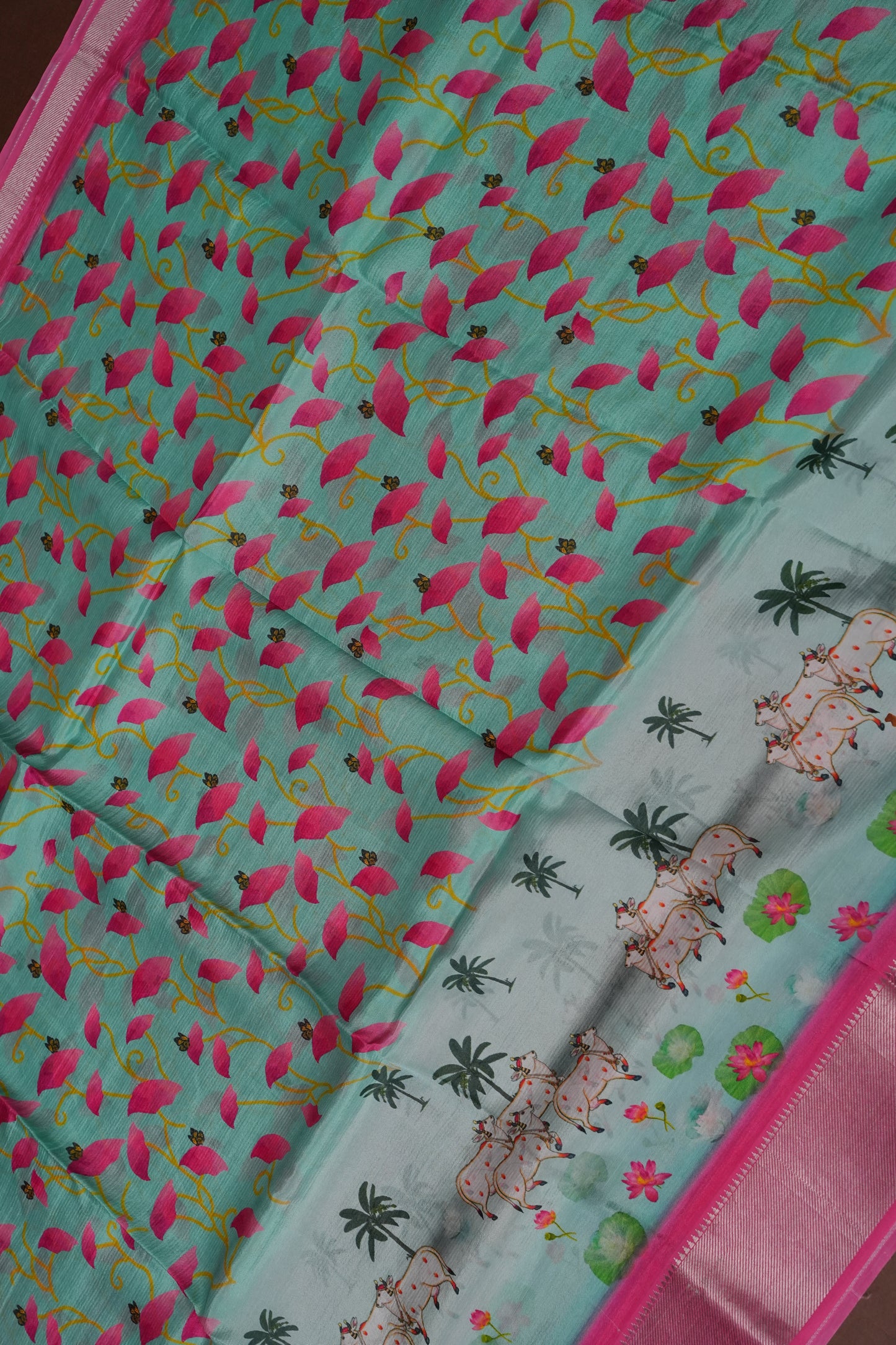 Mangalagiri Printed Silk Saree - Aqua Green & Coral Pink