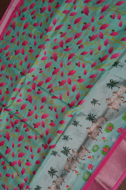 Mangalagiri Printed Silk Saree - Aqua Green & Coral Pink