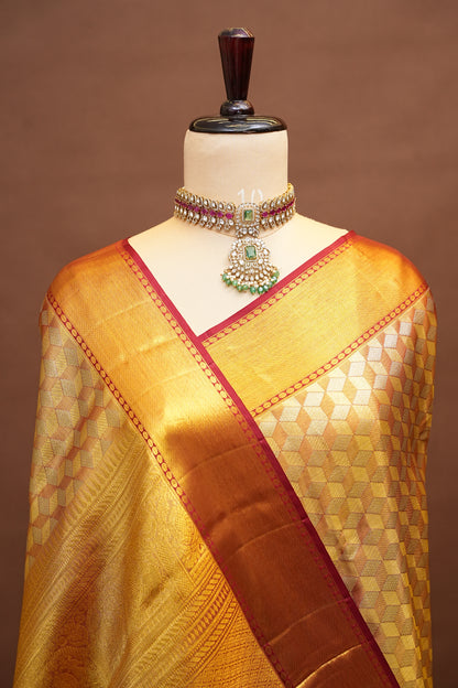 Deep Red with Gold Zari Pure Tissue Kanchipuram Silk Saree|Silk Mark Certified