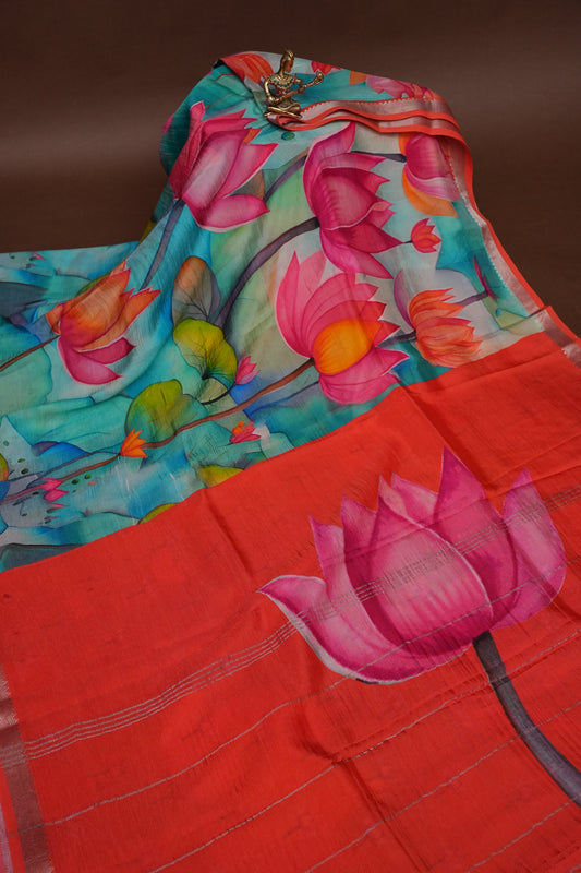 Mangalagiri Printed Silk Saree - Aqua Blue & Vermilion Orange