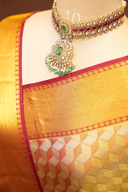 Deep Red with Gold Zari Pure Tissue Kanchipuram Silk Saree|Silk Mark Certified
