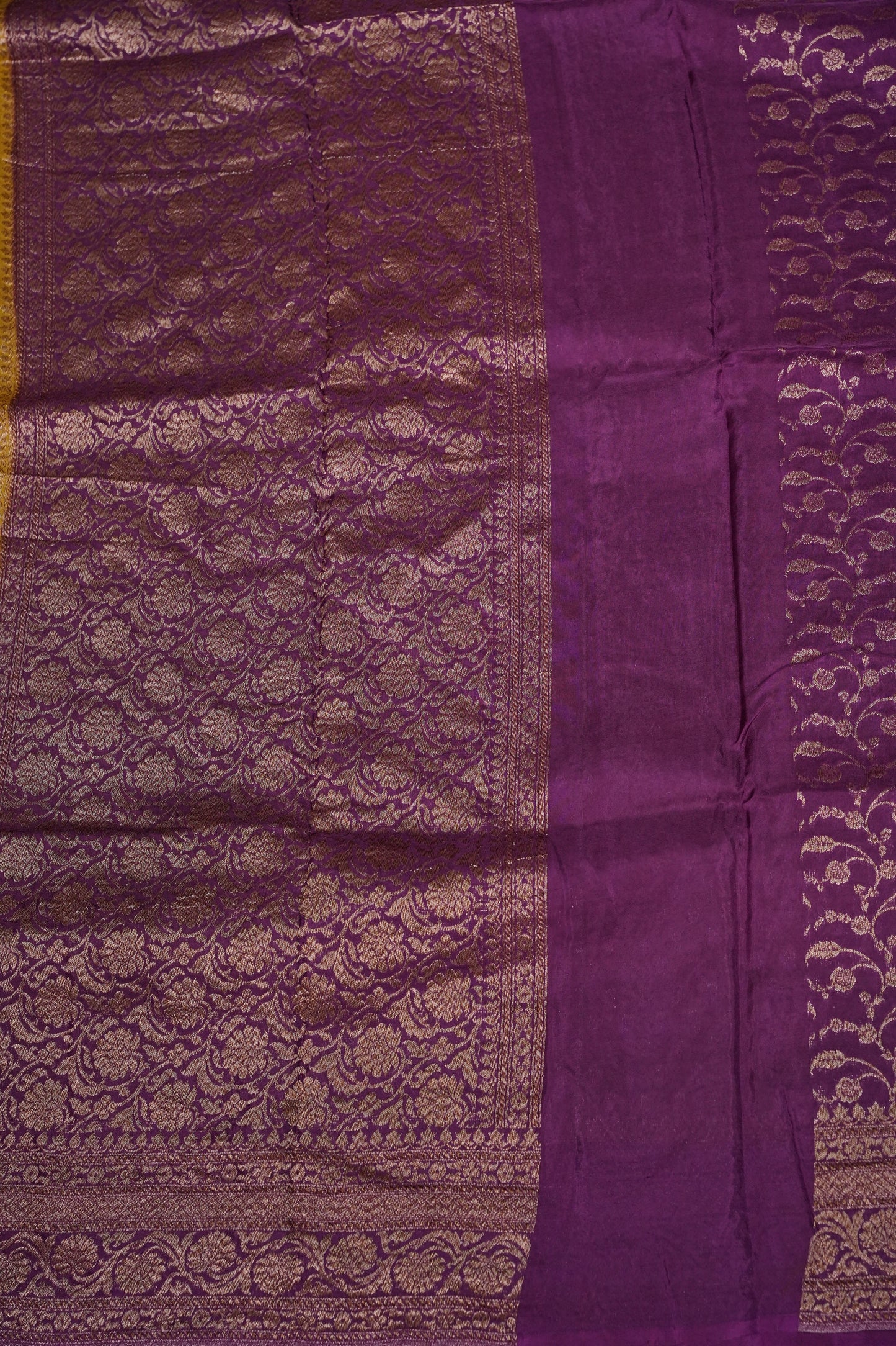 Khaddi Georgette Crepe Silk Saree with Antique Border – Mehendi Yellow & Magenta