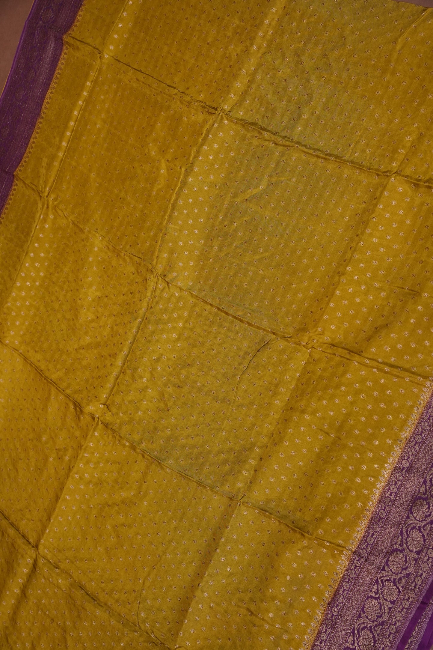 Khaddi Georgette Crepe Silk Saree with Antique Border – Mehendi Yellow & Magenta