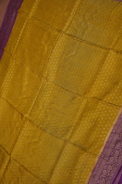 Khaddi Georgette Crepe Silk Saree with Antique Border – Mehendi Yellow & Magenta