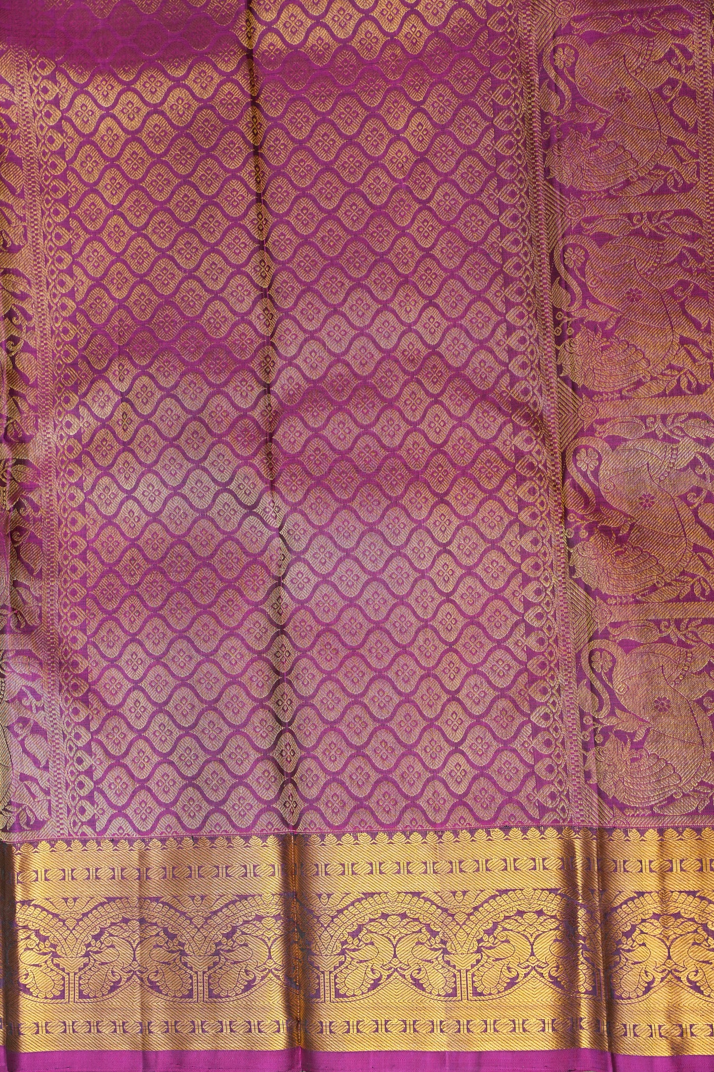 Deep Green & Magenta Pure Kanchivaram Silk Saree with Antique Gold Zari Weave|Silk Mark Certified