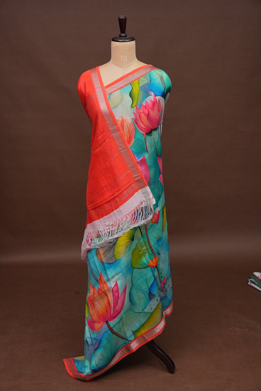 Mangalagiri Printed Silk Saree - Aqua Blue & Vermilion Orange