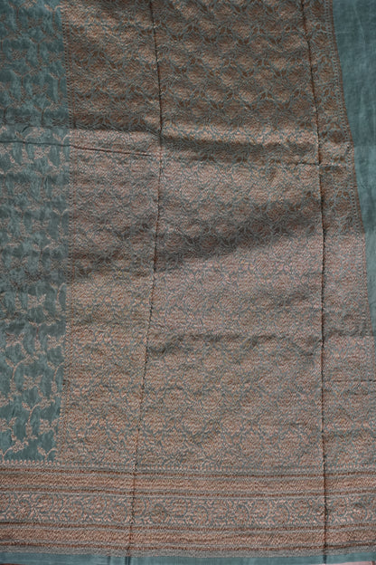 Khaddi Georgette Crepe Silk Saree with Antique Border – Blue Grey