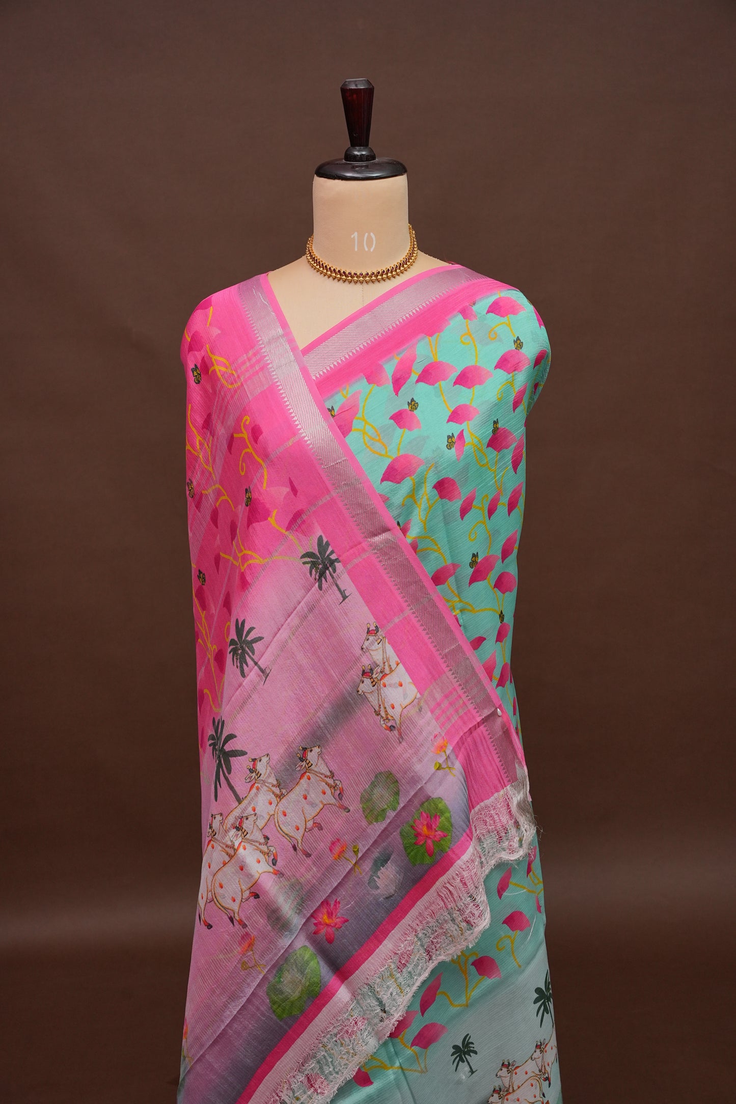 Mangalagiri Printed Silk Saree - Aqua Green & Coral Pink
