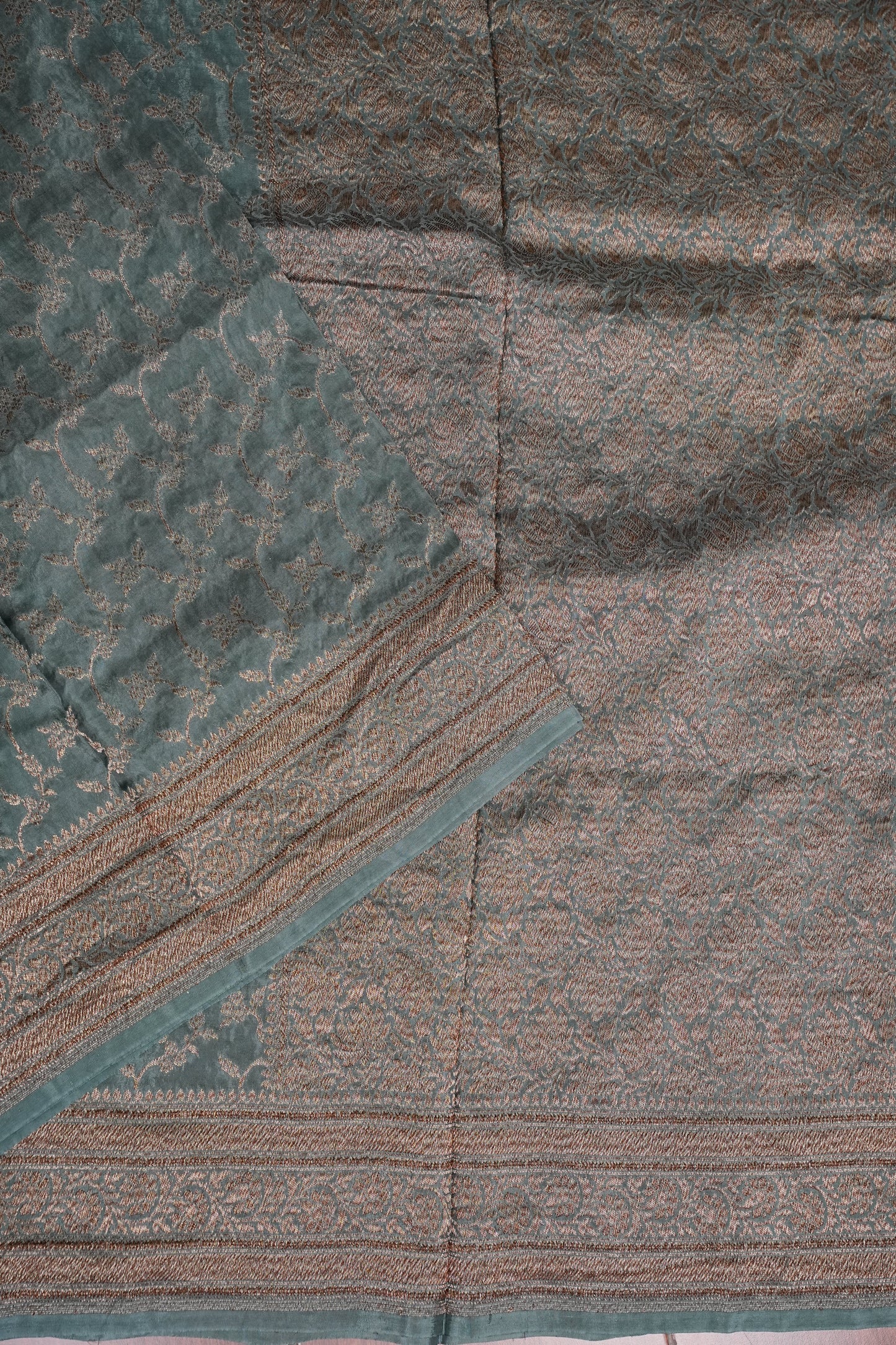Khaddi Georgette Crepe Silk Saree with Antique Border – Blue Grey