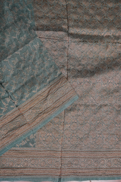 Khaddi Georgette Crepe Silk Saree with Antique Border – Blue Grey